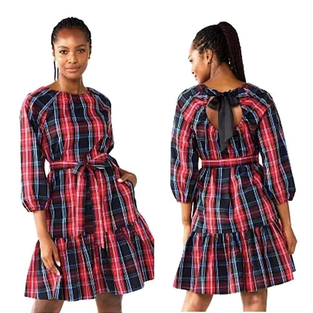 Draper James RSVP Tartan Holiday Plaid Open Back Bow Ruffle Dress Size 1X